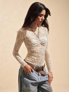 Easelle Women's Lace Knit Ruffled Sexy Fitted Top, Sheer Lace Valentine's Day Top, Romantic Valentine's Day Innerwear - Apricot - View 5