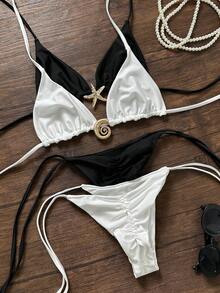 Swim Vcay 1 Set Women's Solid Color Halter Neck Triangle Bikini Swimwear, Black & White - Black and White - View 1