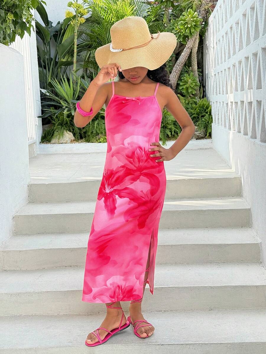 Tween Girl Casual Semestermode Blommigt Mönster Ärmlös Stickad Klänning med Slitsad Fåll, Vår/Sommar