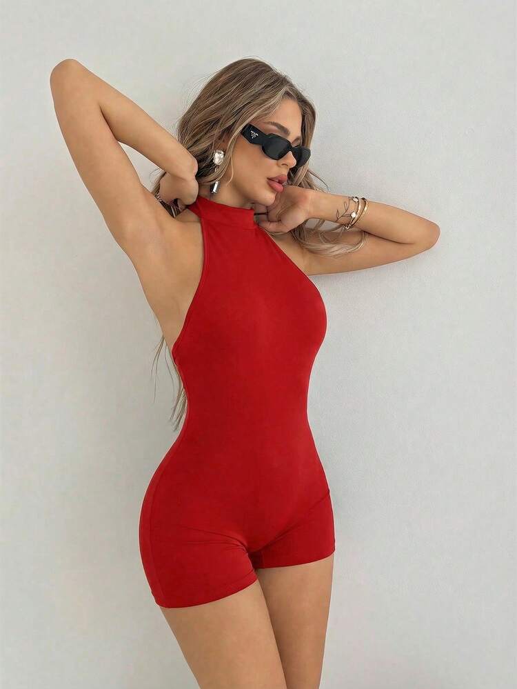 SHEIN ICON Bộ jumpsuit ôm sát cổ cao hở lưng màu đen dành cho nữ, kiểu dáng cơ bản thường ngày. - Đỏ - Xem 3