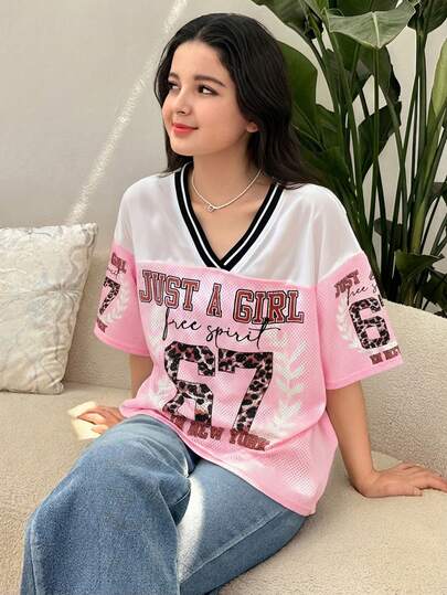 SHEIN Tween Girl Casual Street Y2K Leopard Print 67 Slogan Patchwork Mesh V-Neck Ribbed Trim Oversized Drop Shoulder Short Sleeve Knit T-Shirt, Pink