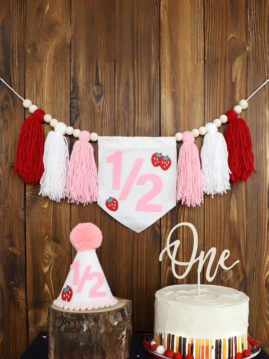 Decoraciones para fiesta de medio año de cumpleaños, estilo bohemio, Navidad, 1er cumpleaños, tema de fresa, bandera, guirnalda de cuentas de madera y borlas, gorro de medio cumpleaños, set de suministros para celebración de niño/niña, telón de fondo para fotos - Multicolor - Ver 1