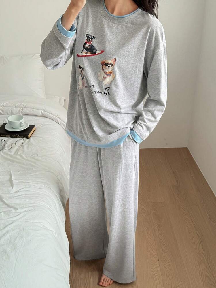 Cute Dog Print Contrast Color Patchwork Loose Women Pajama Set