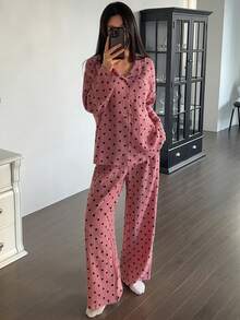 DAZY Women's Heart Print Lapel Collar Long Sleeve Shirt And Pants Pajama Set, Spring/Autumn - Pink - View 4