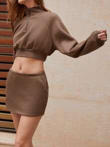 Maija Women's Brown All Season Versatile Modern Warm Raglan Sleeve Turtleneck Sweatshirt With Elastic Waist Skirt 2 Pieces Casual Set Hippie - Brown - View 4