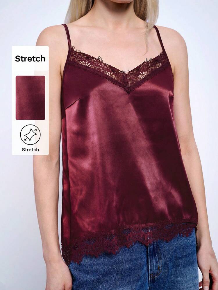SHEIN Maija Women's Fashionable Contrast Lace Satin Sleeveless Top Tank Top, Suitable For New Year Valentines Day,Festival