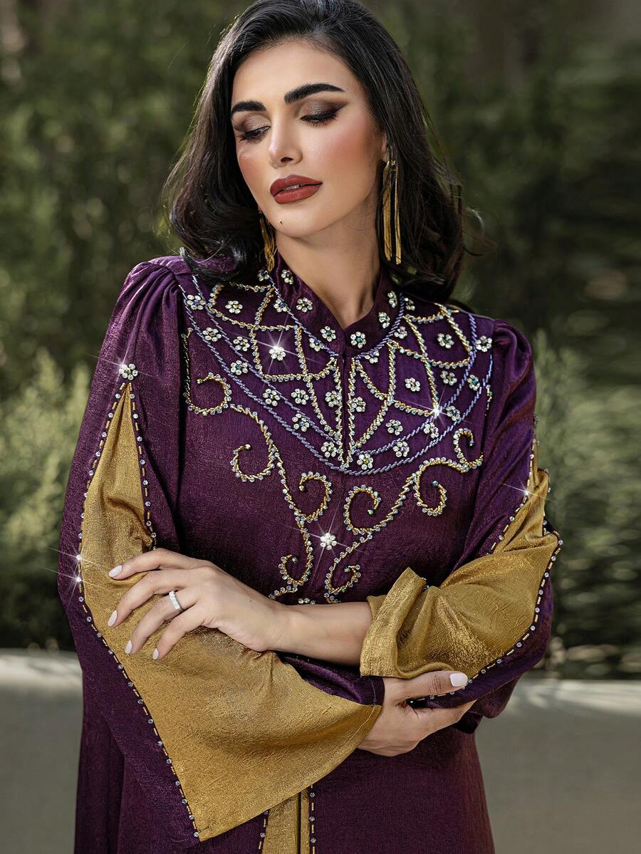 Layrah Purple & Gold Handmade Rhinestone Embellished Arabic Style Dress Abayas Dubai Luxury For Evening Party,Formal Elegant Al-Adha Wedding Dresses