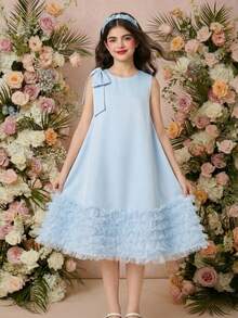 A Girl's Ruffled Sleeveless A-Line Dress With A Tie Bow, Suitable For Parties, Elegant And Casual. A Girl's Bow Collar Ruffled Sleeveless A-Line Chiffon Dress - Baby Blue - View 7