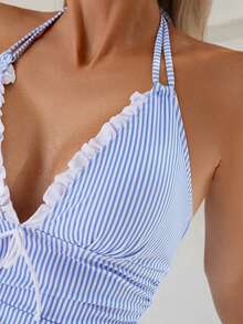 Bonvoyette Women's Summer Beach Striped Print Drawstring Spaghetti Strap Solid Color Ruffle Side Shirred Elastic Comfortable Fitted Casual Vacation Tankini Set - Blue and White - View 5