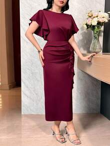 Feyla Women's Solid Color Round Neck Ruffle Hem Elegant Short Sleeve Midi Dress - Burgundy - View 7