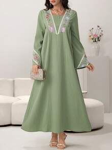 Yasmyna Colorful Embroidered Floral Trim Patchwork Solid Green Long Cardigan - Green - View 5