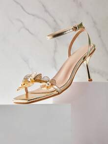 SHUZIA 女士花朵装饰细高跟凉鞋，日常派对性感优雅金属PU材质 - 金色 - 查看 6