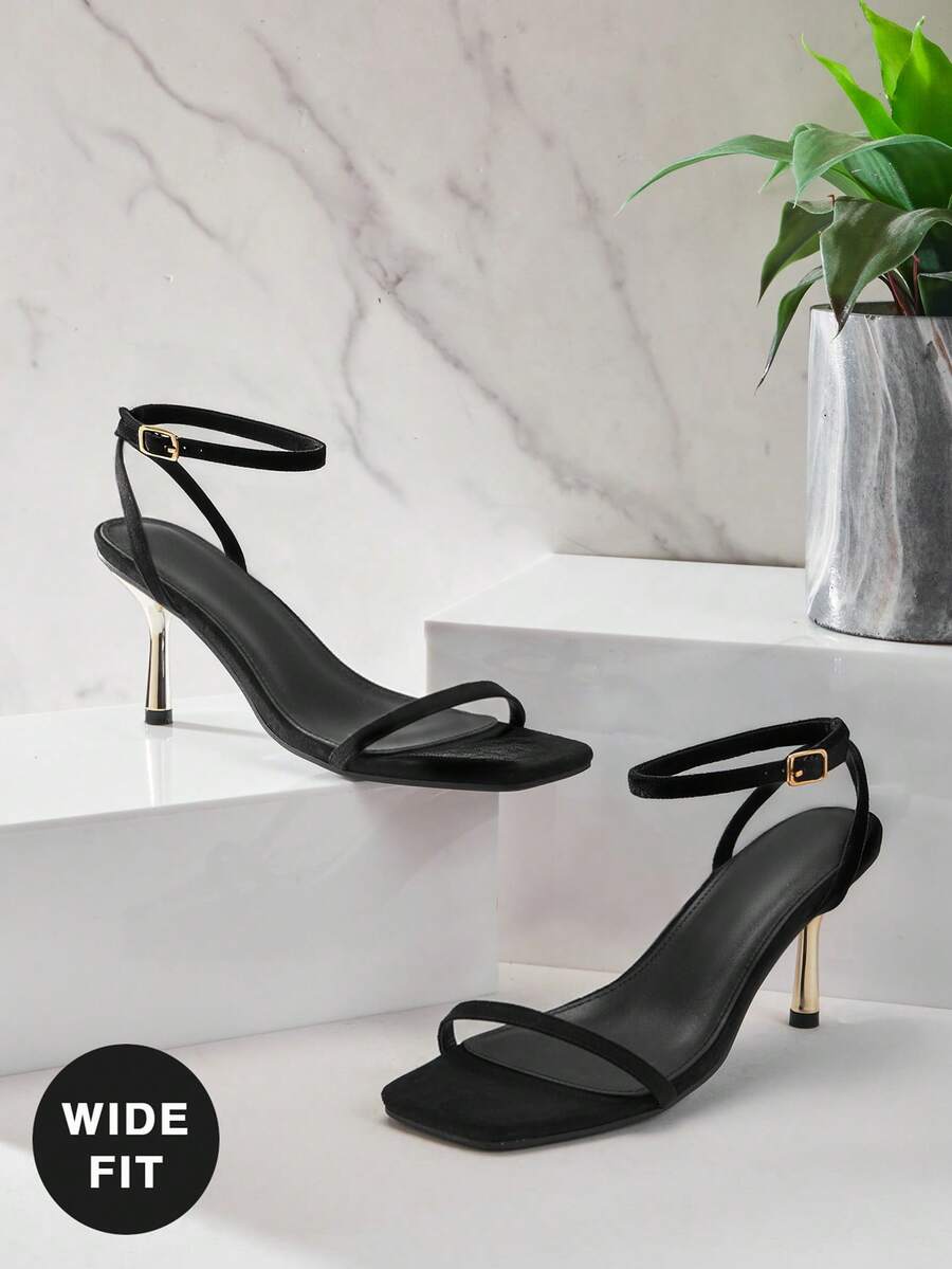SHUZIA Women's Wide-Fit Fashionable Ankle Strap Buckle Square Toe Faux Suede Heeled Sandals - Black - View 1