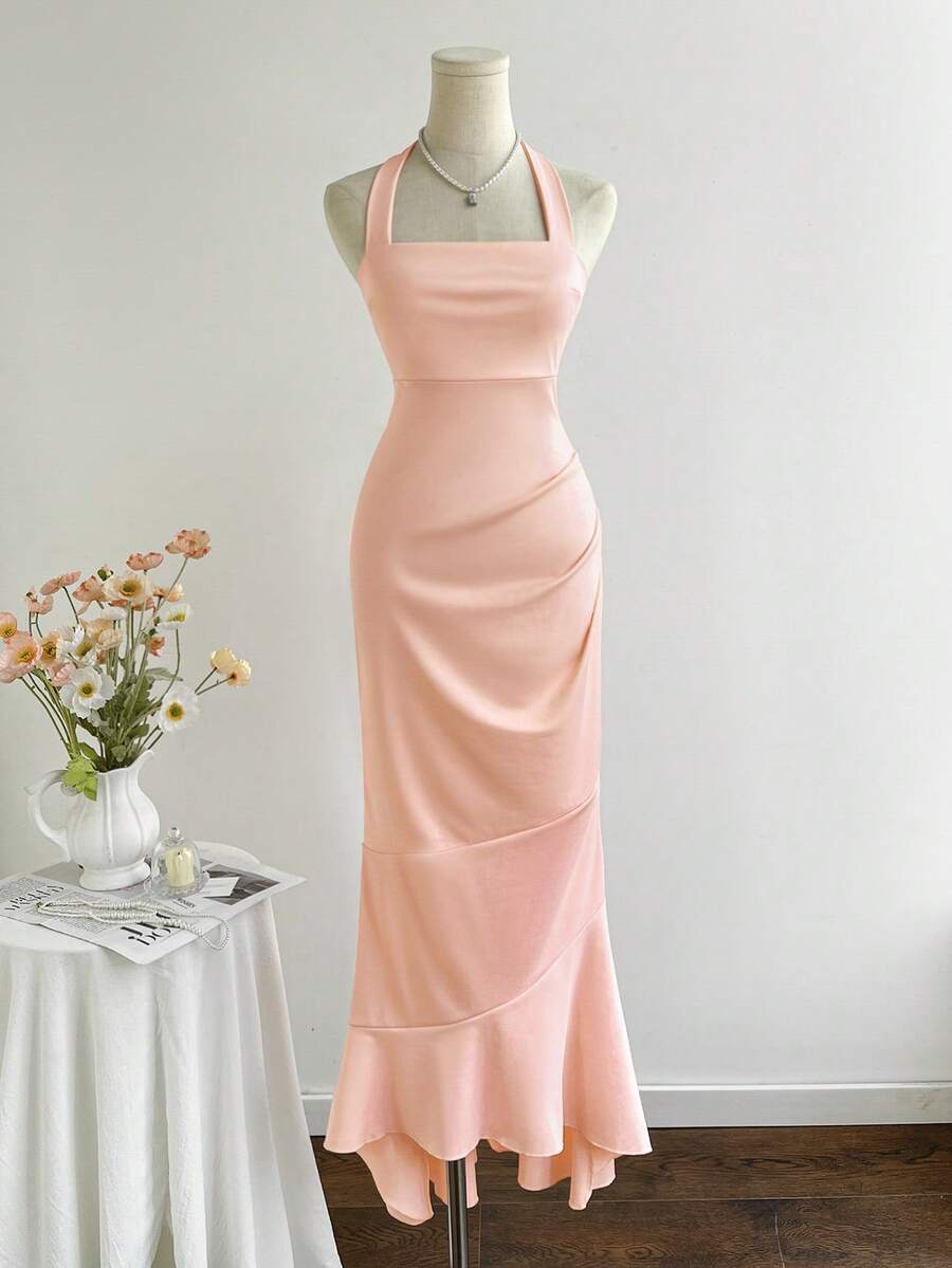 Elamini Vestido elegante de halter plisado de color rosa con estilo de sirena para mujer - Rosa Chicle - Ver 1