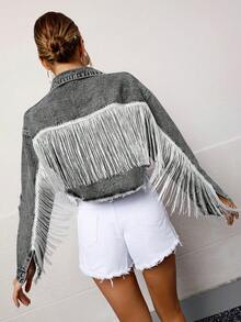 SHEIN Essnce Áo khoác denim lửng phong cách thường ngày, bạc màu, rách rưới, có tua rua trang trí. - Màu Xám nhạt - Xem 6