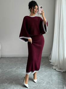 Elenzga 两件套：优雅通勤酒红色圆领插肩袖直筒半身针织衫，春夏款 - 酒紅色 - 查看 1