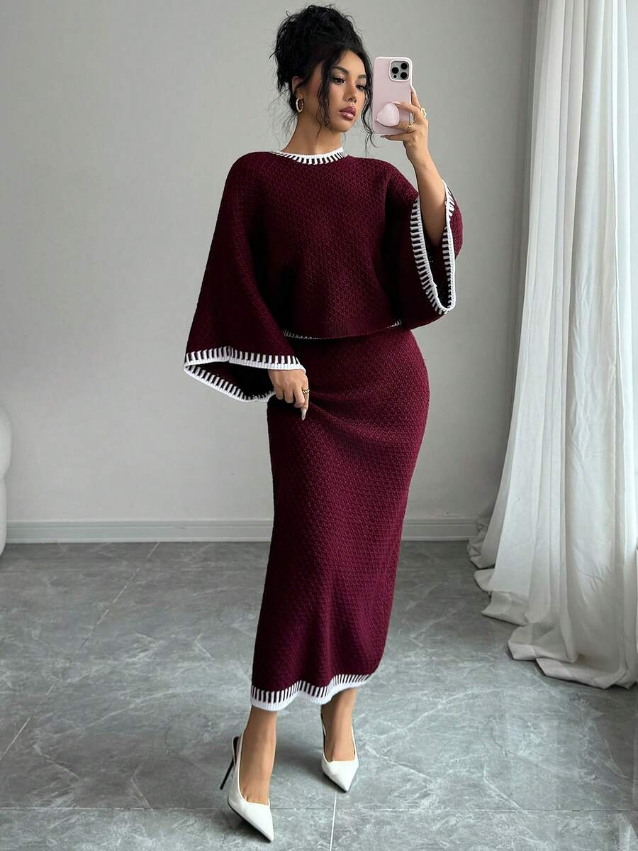 Elenzga 两件套：优雅通勤酒红色圆领插肩袖直筒半身针织衫，春夏款 - 酒紅色 - 查看 1