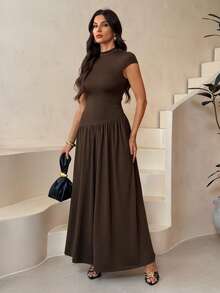 SHEIN Tall 女士纯色立领泡泡袖褶裥长款休闲连衣裙，夏季棕色连衣裙 - 棕色 - 查看 4