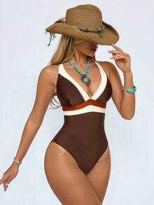 Shapewave 1pc Women's Patchwork One-Piece Swimsuit, Brown, Orange, Beige, Criss-Cross Back, Tummy Control, Cinched Waist - Brown - View 6