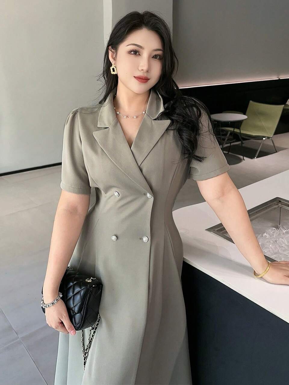 Dazy Plus Plus Size Women's Collared Double-Breasted Short Sleeve Casual Fitted Waist Shirt Dress, Business Casual Spring/Summer Sundress