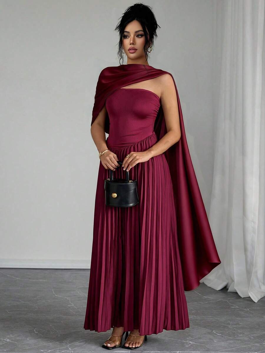 Rafferiza Elegant Burgundy Long Pleated Shoulder Dress, Formal Party Cocktail Dress For Women - Burgundy - View 1