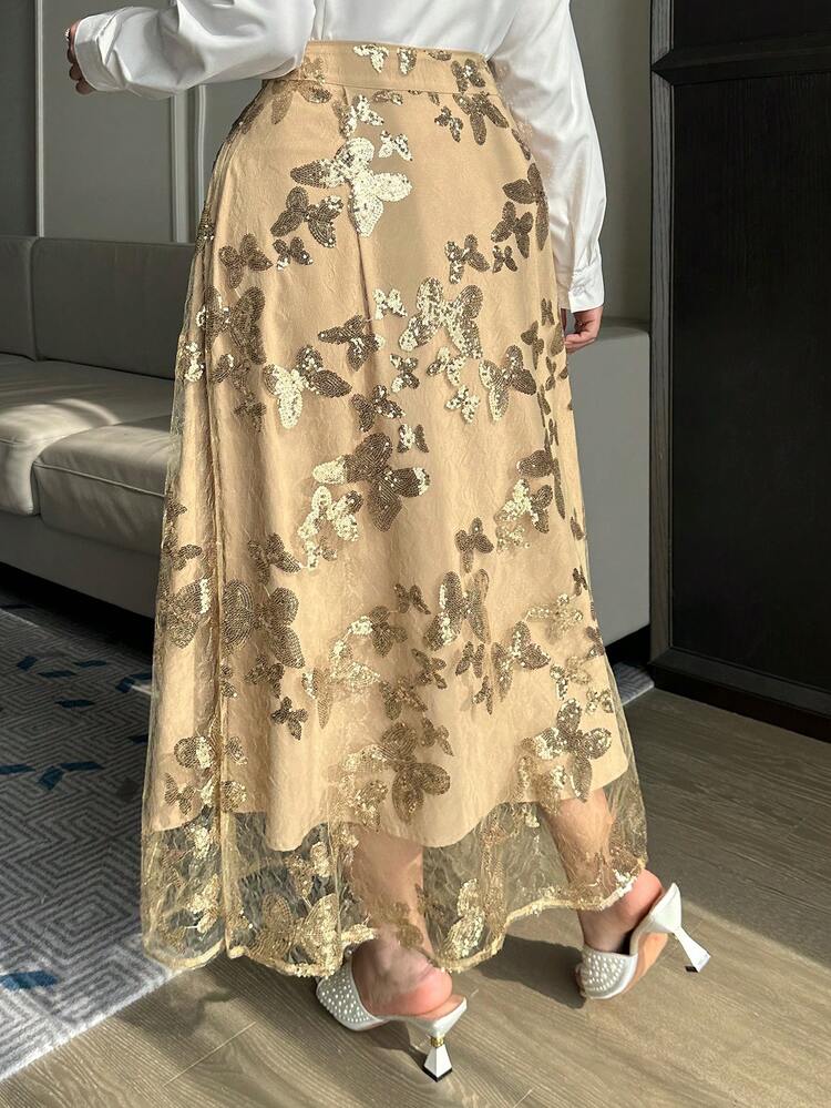 Dazy Plus Valentine Sequin Embroidered Mesh Patchwork Maxi Party Dress, Plus Size Women Gold Skirt