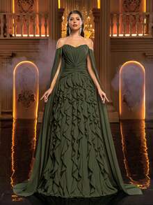 Glamrae Vestido de gasa con hombros descubiertos y volantes en el bajo, elegante y romántico, adecuado para festivales, bodas, galas, conciertos, eventos de negocios y ocasiones de influencers en redes sociales - Verde - Ver 5