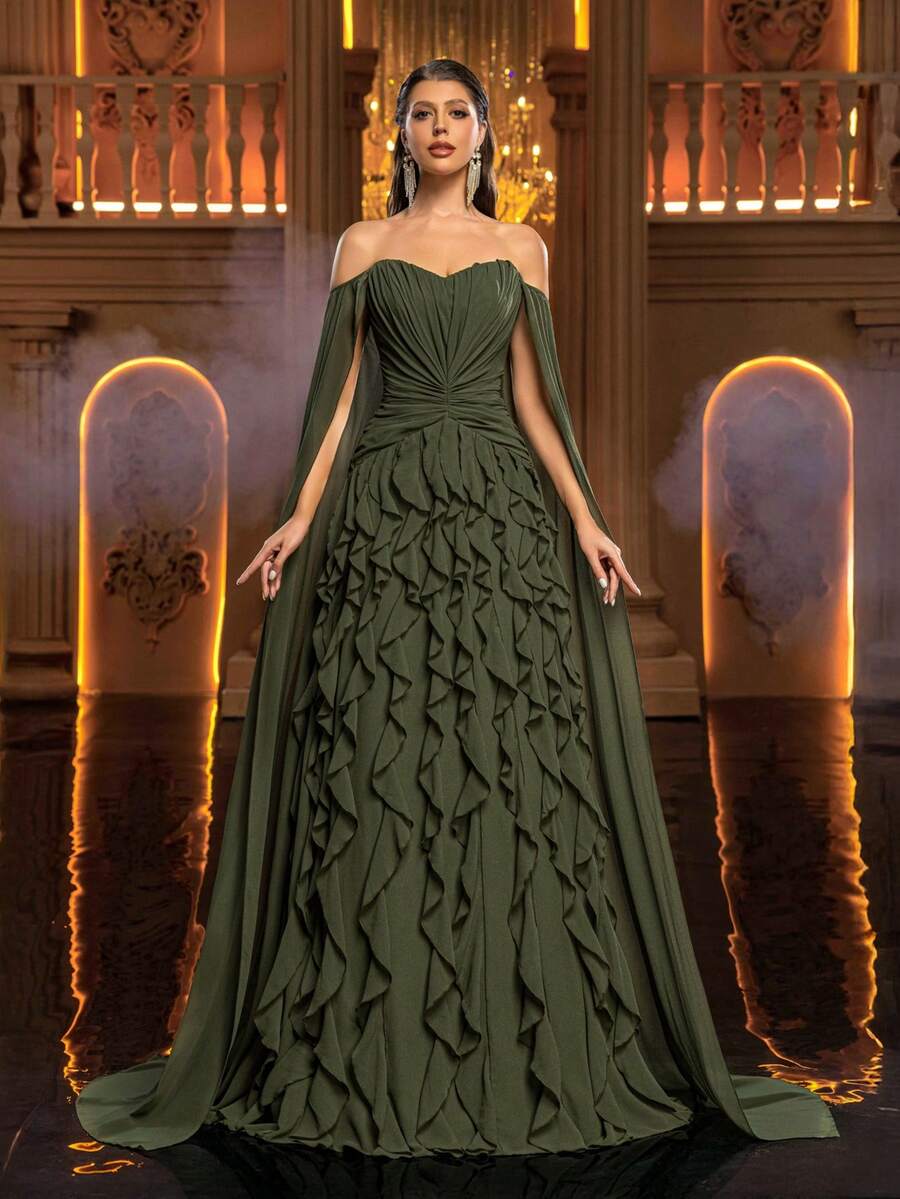 Glamrae 优雅浪漫的露肩雪纺连衣裙，层叠荷叶边下摆，适合节日、婚礼、晚宴、音乐会、商务活动和社交媒体达人场合。 - 綠色 - 查看 1