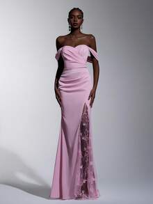 Elitara 优雅浪漫莲花粉色编织露肩褶皱垂袖褶裥网纱刺绣3D立体花朵假开衩鱼尾裙摆连衣裙，适合晚宴、约会、度假、舞会、婚礼、伴娘等场合 - 藕粉色 - 查看 4