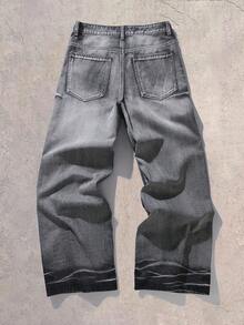 Manfinity EMRG Men's Letter Print Pocket Frayed Hem Loose Fit Casual Jeans - Grey - View 2