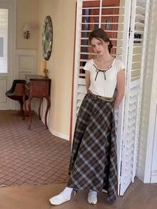 DAZY 少女格子印花不对称下摆休闲裙 - 棕色 - 查看 5