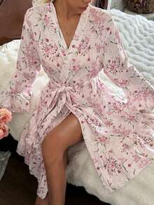 SHEIN Floral Print Ruffle Trim Tie Waist 3/4 Sleeve Women Sleepwear Robe