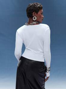 Normani Spring Summer Concert For Women Going Out Casual 2000s Y2k 90S Club Vintage Rave Festival Old Money Streetwear Carnival Valentine For Women Carnival Costume Carnival Costume Valentines Vacation Women Elegant Beach Women's Solid Color Deep V Neck Ruched Long Sleeve Sexy Fashionable Top - White - View 2