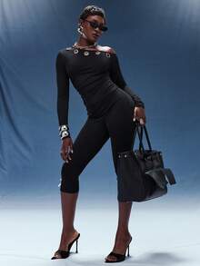 Normani 春夏音乐会外出休闲2000年代Y2K 90年代俱乐部复古锐舞音乐节老钱街头服饰嘉年华情人节嘉年华服装情人节度假优雅沙滩女孩秋冬日常必备针织弹力舒适不对称领长袖上衣 - 黑色 - 查看 3