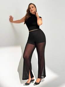 SHEIN Tall CURVE Celana Panjang Wanita Ukuran Besar Warna Cokelat untuk Musim Panas Gaya 70-an, Cocok untuk Pesta, Gym, Rave, dan Rave, Model Flare-Leg Transparan dengan Patchwork Jala, Pinggang Tinggi, Pas untuk Liburan - Hitam - View 5