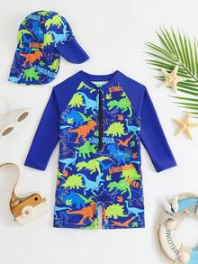 Baby BoyCartoon Dinosaur Print Front Zipper Long Sleeve Rash Guard Swimsuit With Beach Hat, Baby Boys Summer Beach Holiday Outfit Set - Blue - View 1
