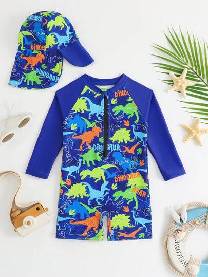 Conjunto de traje de baño con protección solar de manga larga con estampado de dinosaurio de dibujos animados y gorro de playa para bebés niños, conjunto de ropa de playa de verano para bebés niños