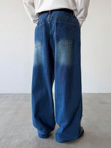 Manfinity Hypemode Premium Washed Blue Patchwork Distressed Wide Leg Jeans Men Wide Leg Jean - Blue - View 2