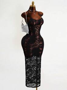 Mistrie Black Floral Lace Long Dress-Thin Straps-Transparent Sexy Long Dress - Black - View 3