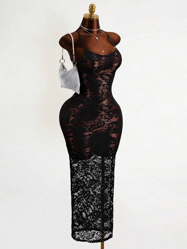 Mistrie Black Floral Lace Long Dress-Thin Straps-Transparent Sexy Long Dress