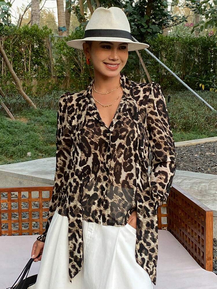 Women's Leopard Print Chiffon Blouse With Tie Collar, Loose Fit Long Sleeve Casual Street Shirt