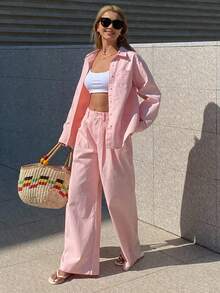 DAZY Women's Collared Loose Shirt And Straight-Leg Pants Casual Denim Set, Elegant And Girly Pink Aesthetic - Pink - View 4