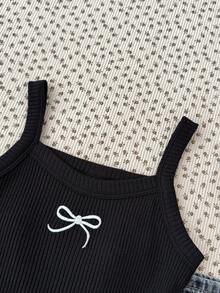 SHEIN Tween Girl Black Knitted Bow Embroidered Camisole Sweet Casual Cami Top, Spring And Summer, Basic, Daily, Versatile, Back To School Season - Black - View 3