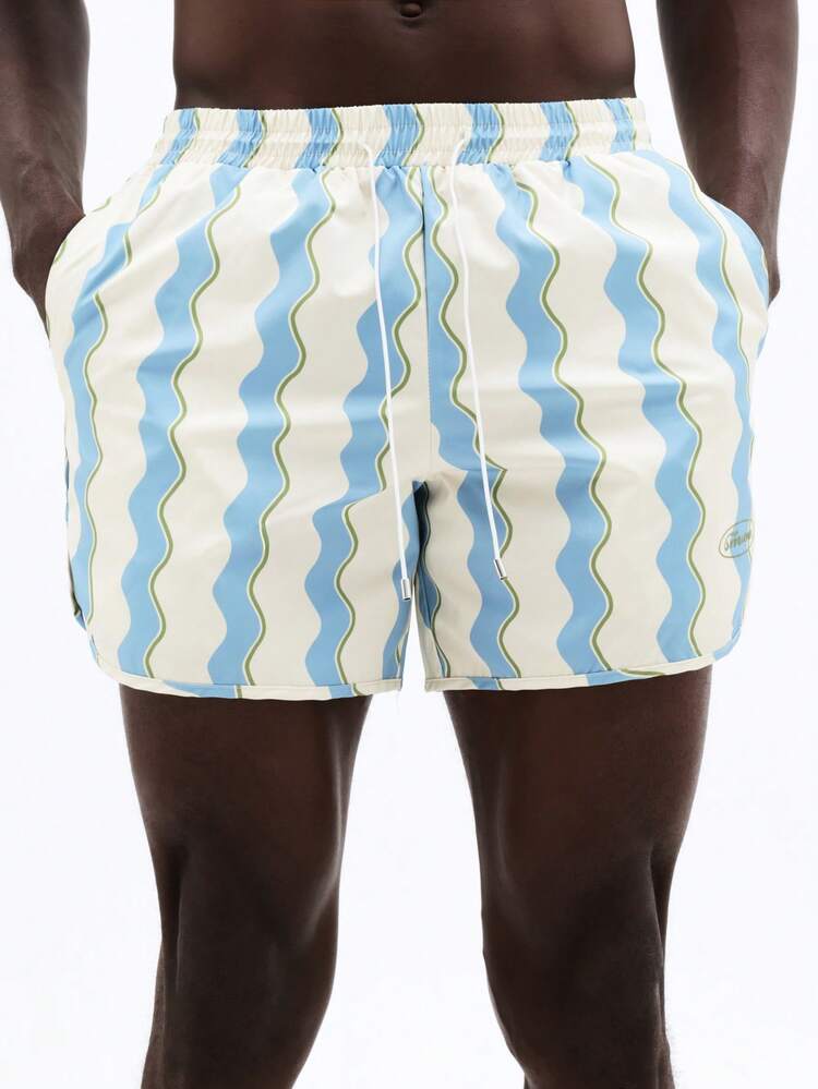 Wavy Stripe Swim Trunks With Elastic Waistband