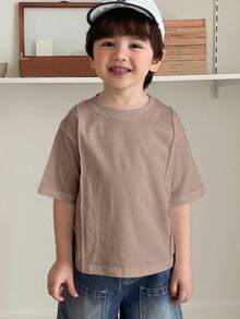 Hapijoa Young Boy Casual Everyday Commute Simple Solid Color Dropped Shoulder Loose T-Shirt, Summer Spring - Coffee Brown - View 4