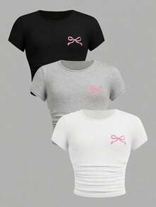 SHEIN Girlism 3件套少女修身休闲纯色圆领褶皱短袖T恤，蝴蝶印花，黑色、白色、灰色可选，适合休闲外出和居家穿着 - 彩色 - 查看 11