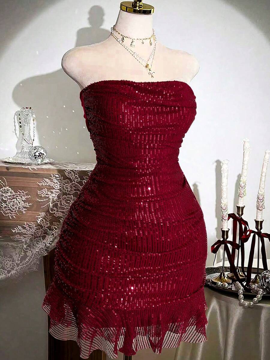 Sunspun Valentine Plus Size Sequin Bodycon Dress, Strapless Backless Bow Tie Bodycon Party Mini Dress - Burgundy - View 1