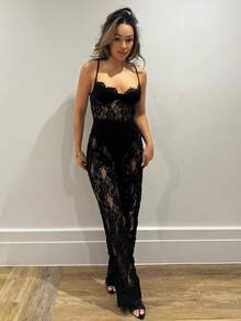 RebeccaVibe 纯黑色性感透明蕾丝连体裤，优雅女士内衣，日常约会装，外出装，派对装，不对称阔腿连体裤，情人节连体裤，休闲连体裤，优雅连体裤 - 黑色 - 查看 4
