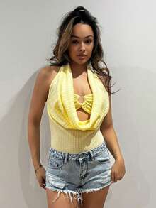 RebeccaVibe 独立日女款 Y2K 奶油黄色纹理条纹夏季辣妹设计 Bralette 风格细肩带度假海滩紧身衣，舒适 - 黃色 - 查看 3