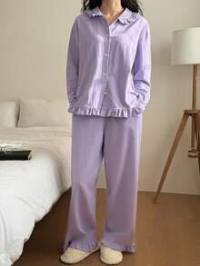DAZY 可爱荷叶边纯色宽松女士睡衣套装 - 紫色 - 查看 4